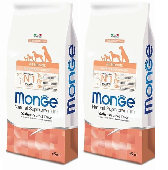 2 שקי אוכל לגורי כלבים מונג' סלמון ואורז 12 ק"ג