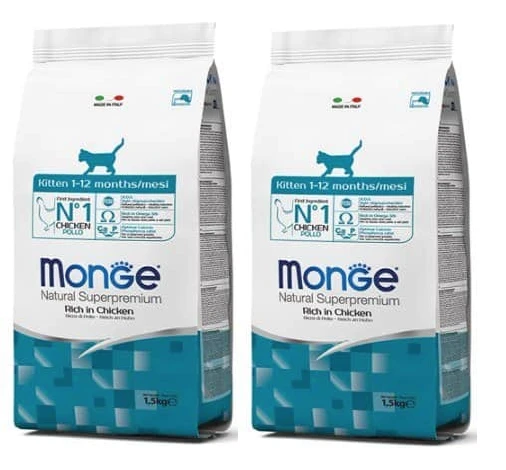 2 שקי אוכל לגורי חתולי מונג' נטורל קיטן עוף 1.5 ק"ג