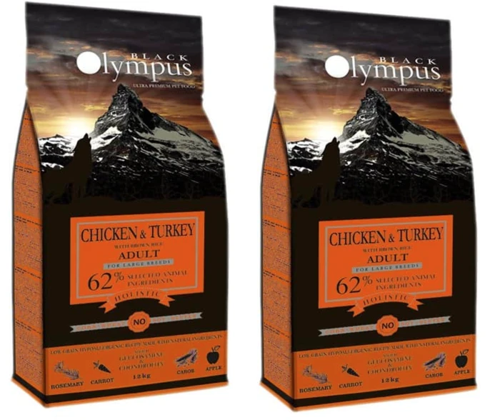 2 שקי בלאק אולימפוס מזון לכלב בוגר מקסי עוף הודו ואורז חום 12 ק"ג כתום